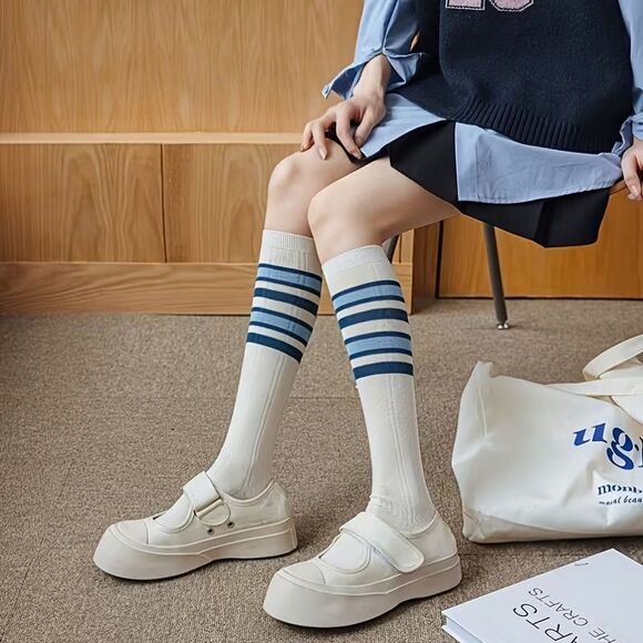 Women's Blue Striped Knee-High Socks 3 Pair Pack Fairy Maiden NEW - Picture 7 of 11